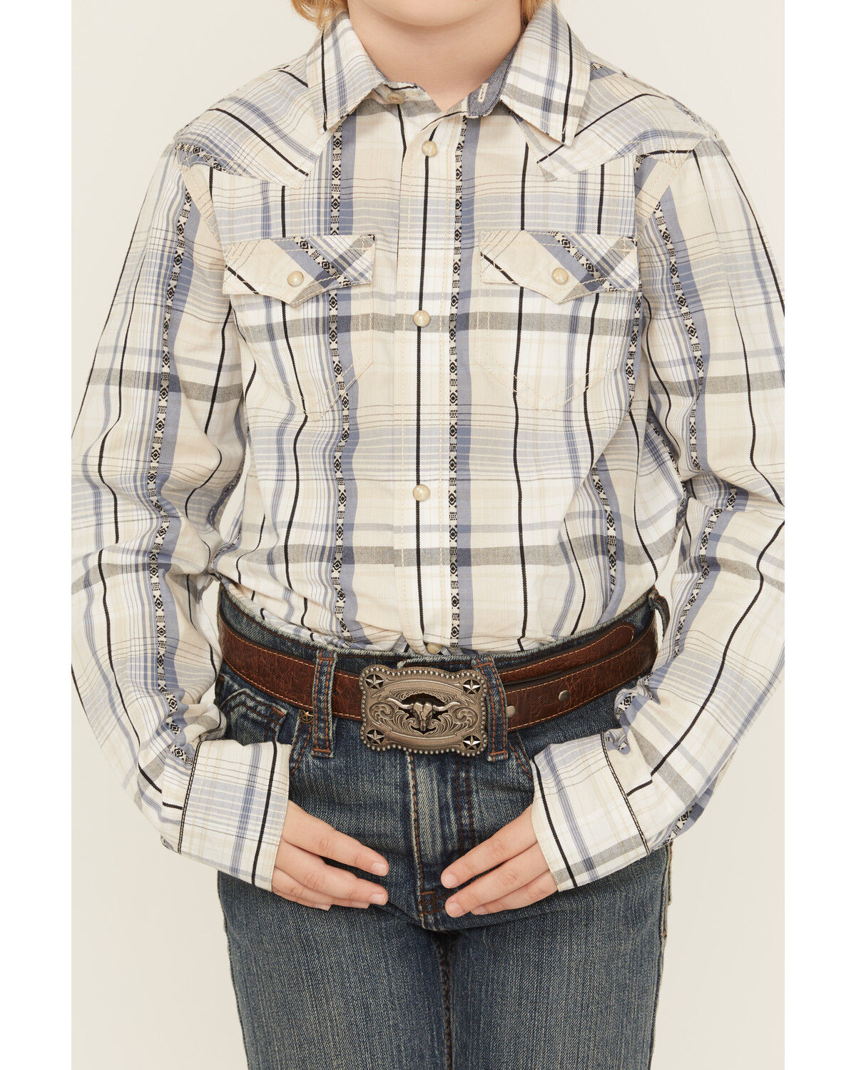 Image #2 - Cody James Boys' Wind Plaid Print Long Sleeve Snap Western Shirt, Cream, hi-res