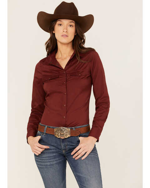 Image #1 - RANK 45® Women's Riding Solid Long Sleeve Snap Western Shirt, Fired Brick, hi-res