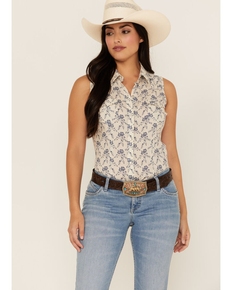 Roper Women's Floral Print Sleeveless Western Shirt, White, hi-res