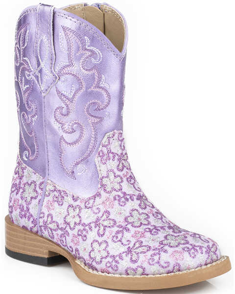 Image #1 - Roper Toddler Girls' Floral Glitter Western Boots - Square Toe , Purple, hi-res