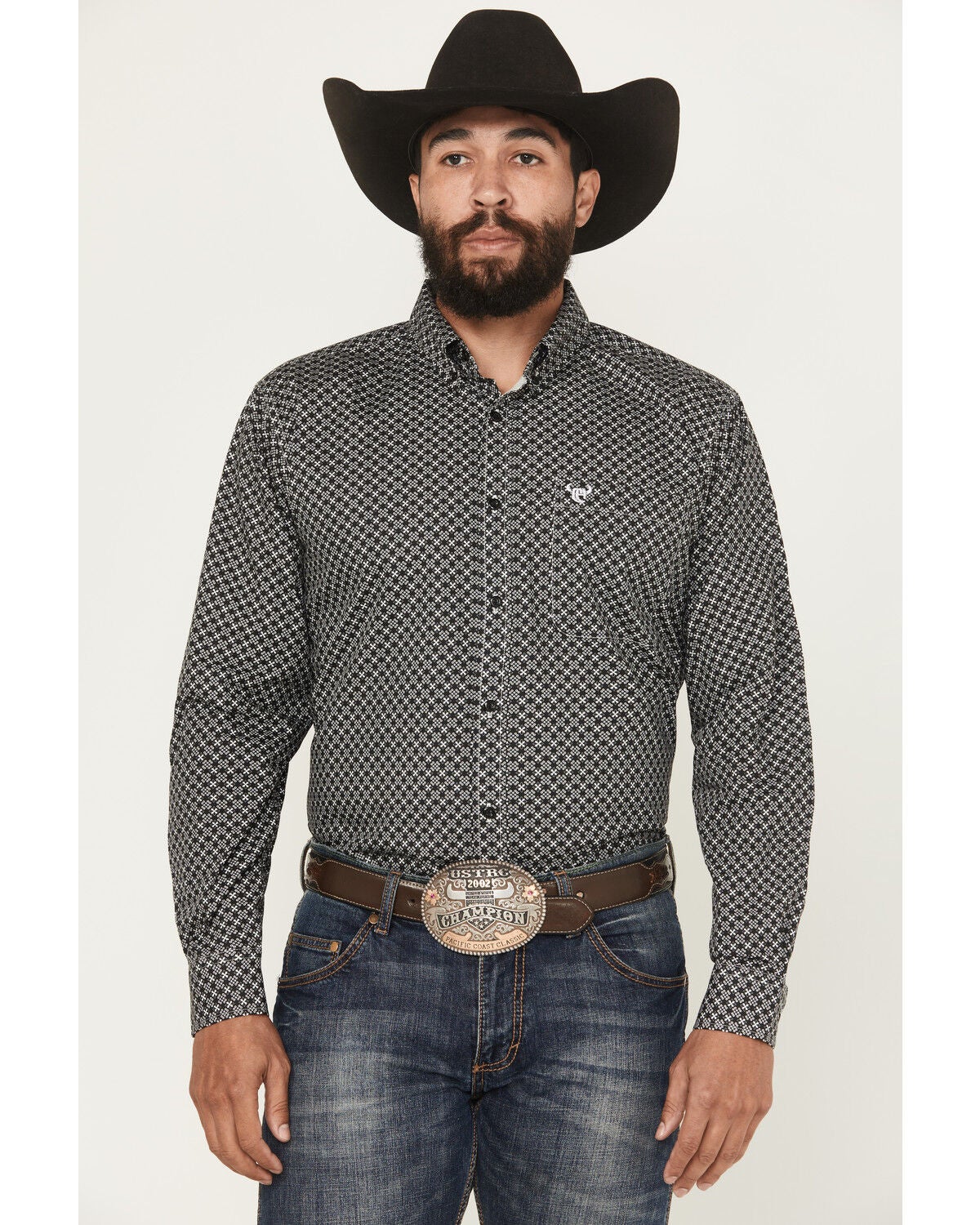Cowboy Hardware Men's Geo Floral Print Long Sleeve Button-Down Western Shirt, Black, hi-res