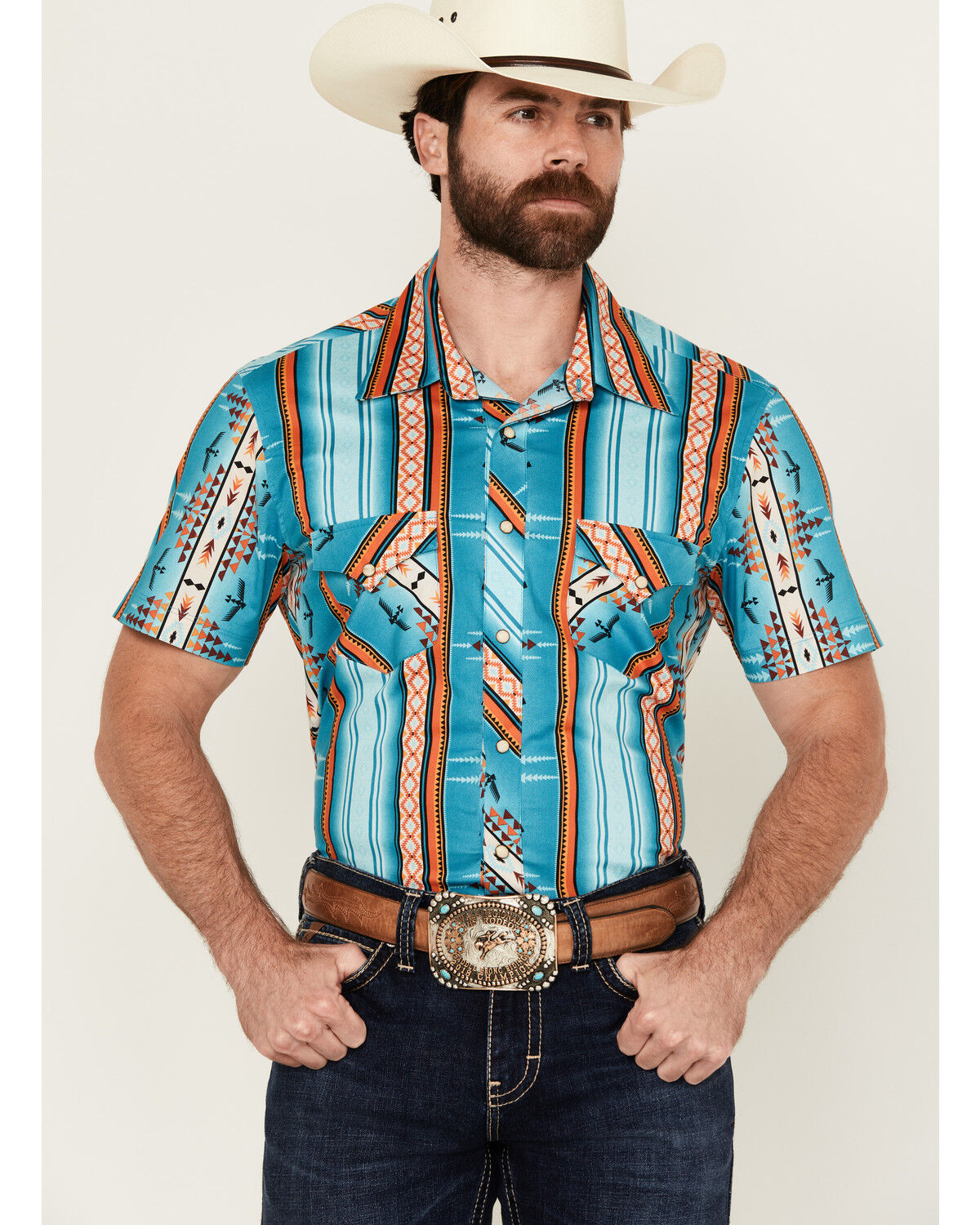 Image #1 - Rock & Roll Denim Men's Southwestern Striped Short Sleeve Snap Stretch Western Shirt, Turquoise, hi-res
