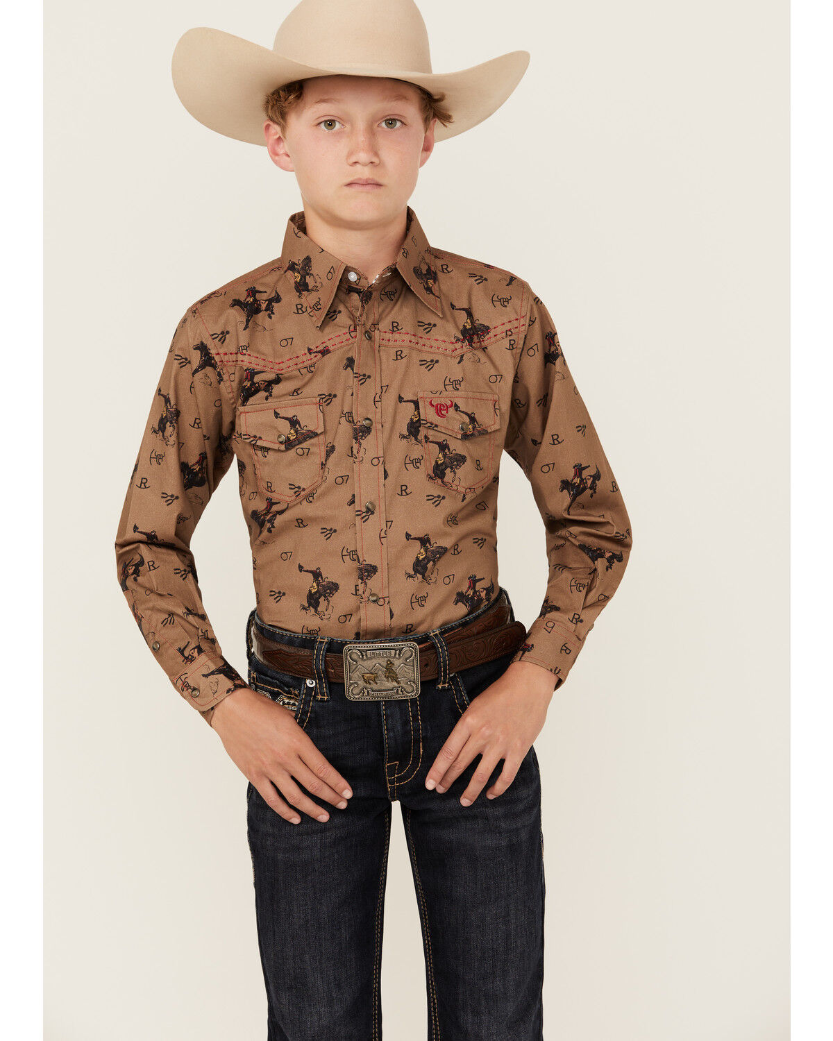 Image #1 - Cowboy Hardware Boys' Vintage Bronc Long Sleeve Snap Stretch Western Shirt, Brown, hi-res