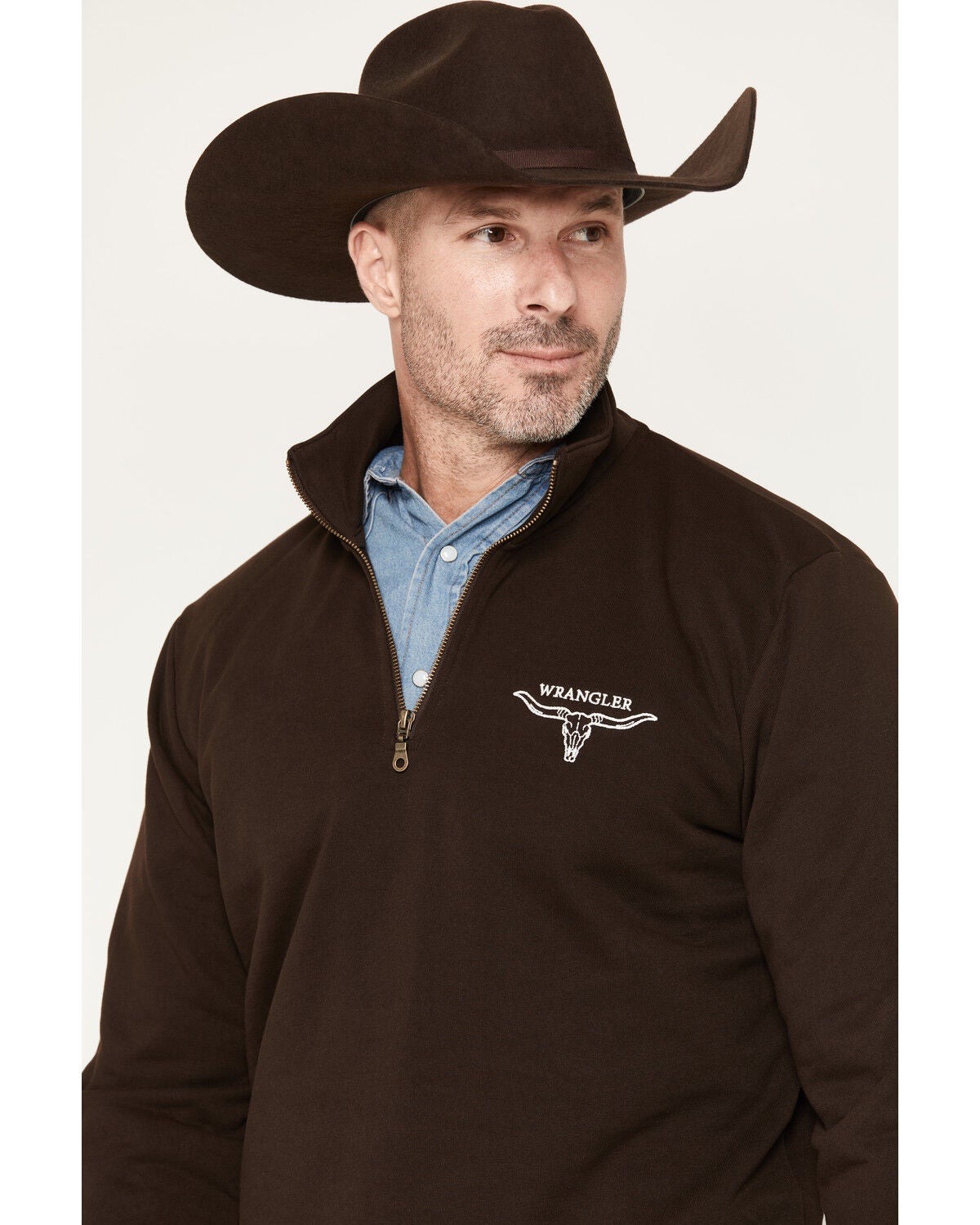 Image #2 - Wrangler Men's Solid Steer Head 1/4 Zip Pullover, Brown, hi-res