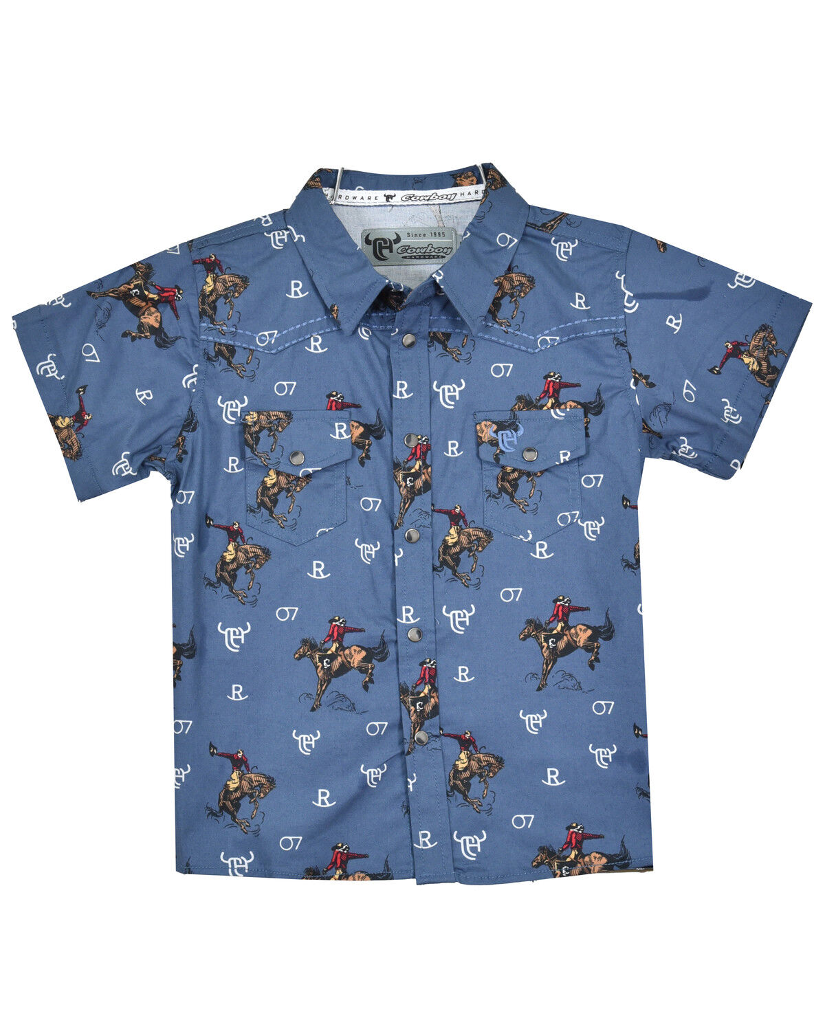 Image #1 - Cowboy Hardware Boys' Bronc Print Short Sleeve Snap Western Shirt, Blue, hi-res