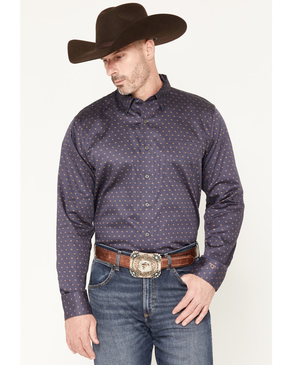 Image #1 - Wrangler X Cody Johnson Men's Horse Print Long Sleeve Button-Down Western Shirt, Navy, hi-res