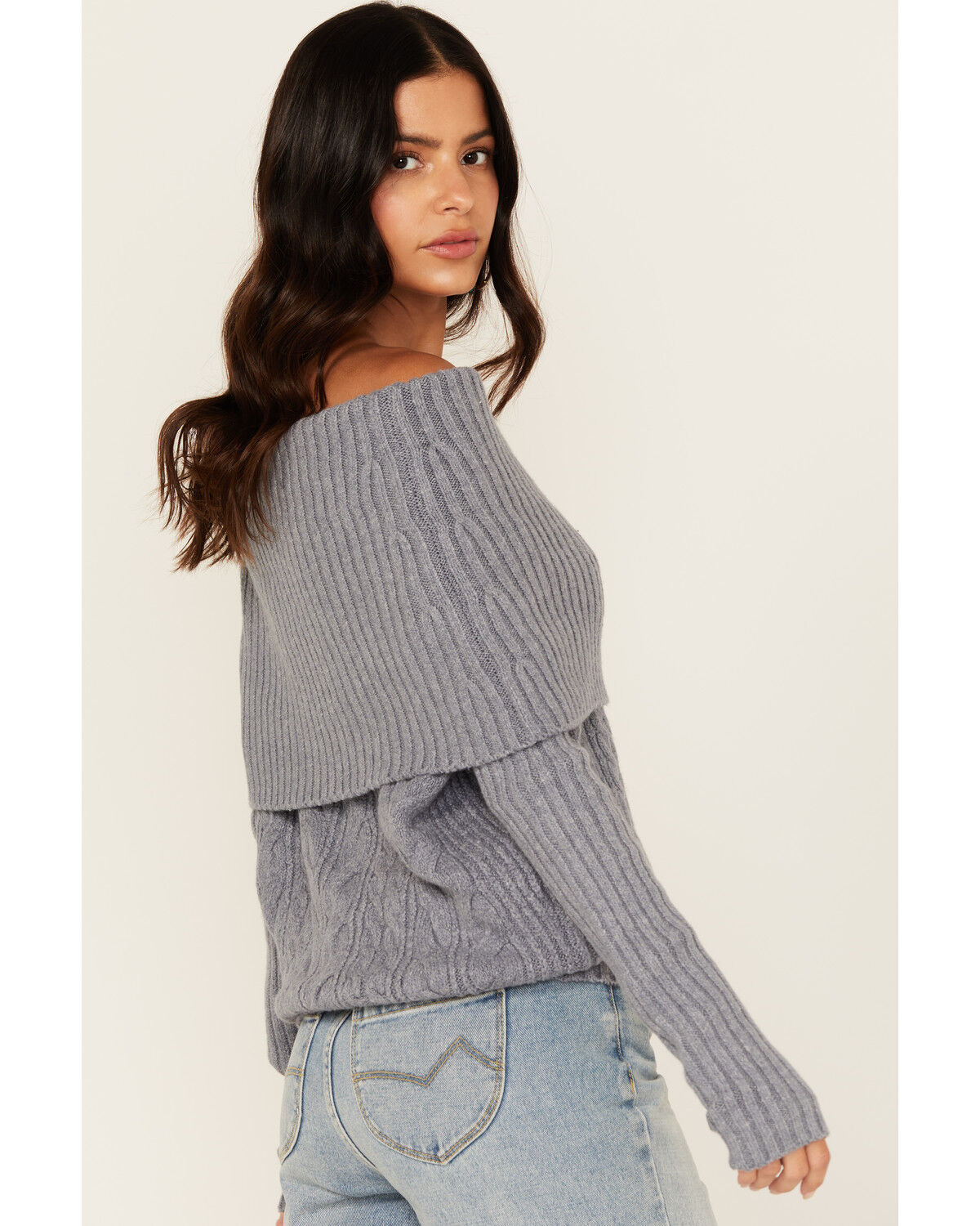 Image #2 - Shyanne Women's Off The Shoulder Cable Knit Sweater, Slate, hi-res