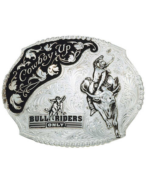 Montana Silversmiths Men's Cowboy Up Bull Riders Only Western Belt Buckle, Silver, hi-res
