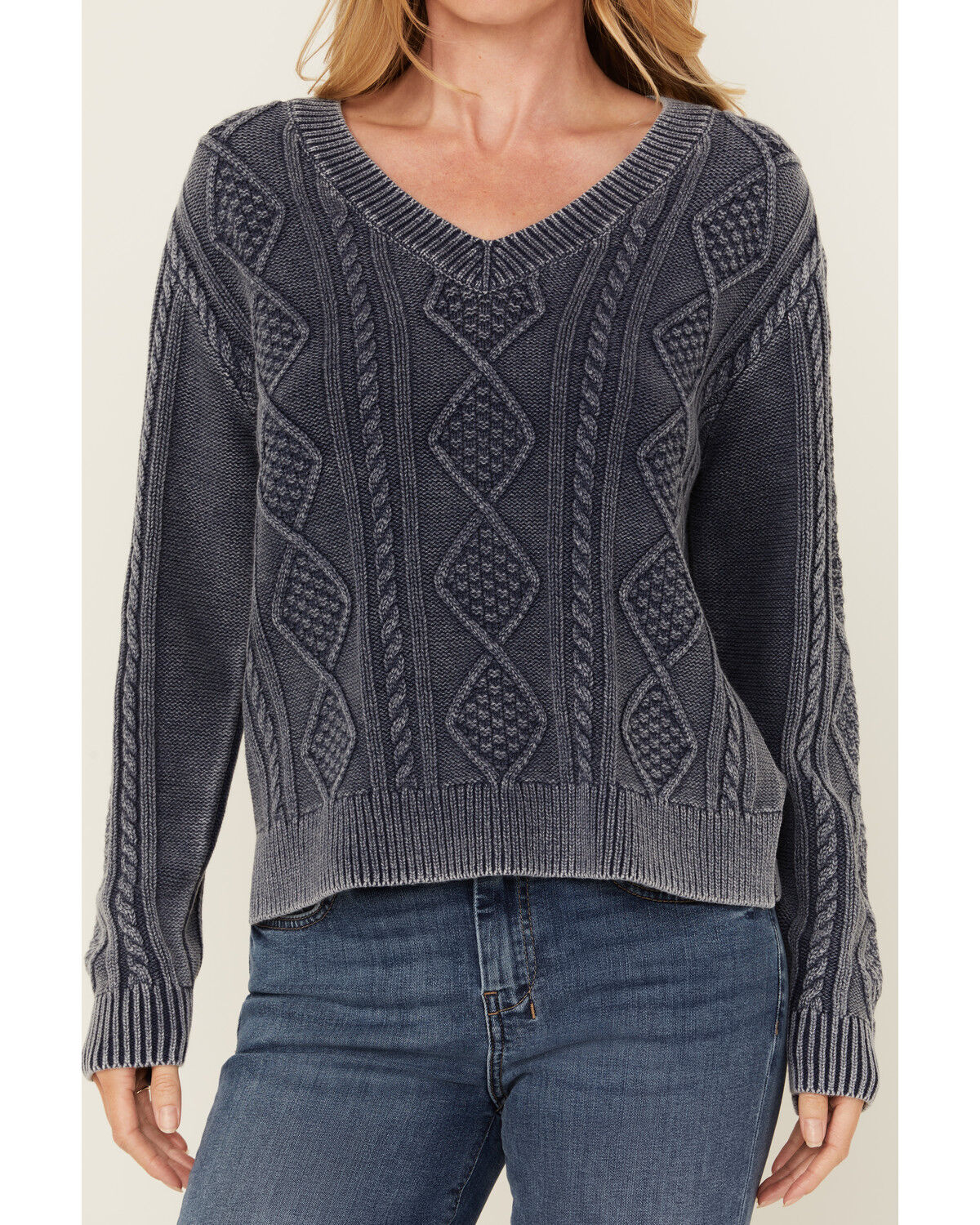 Image #4 - Cleo + Wolf Women's Clark Acid Wash Cable Knit Sweater, Blue, hi-res
