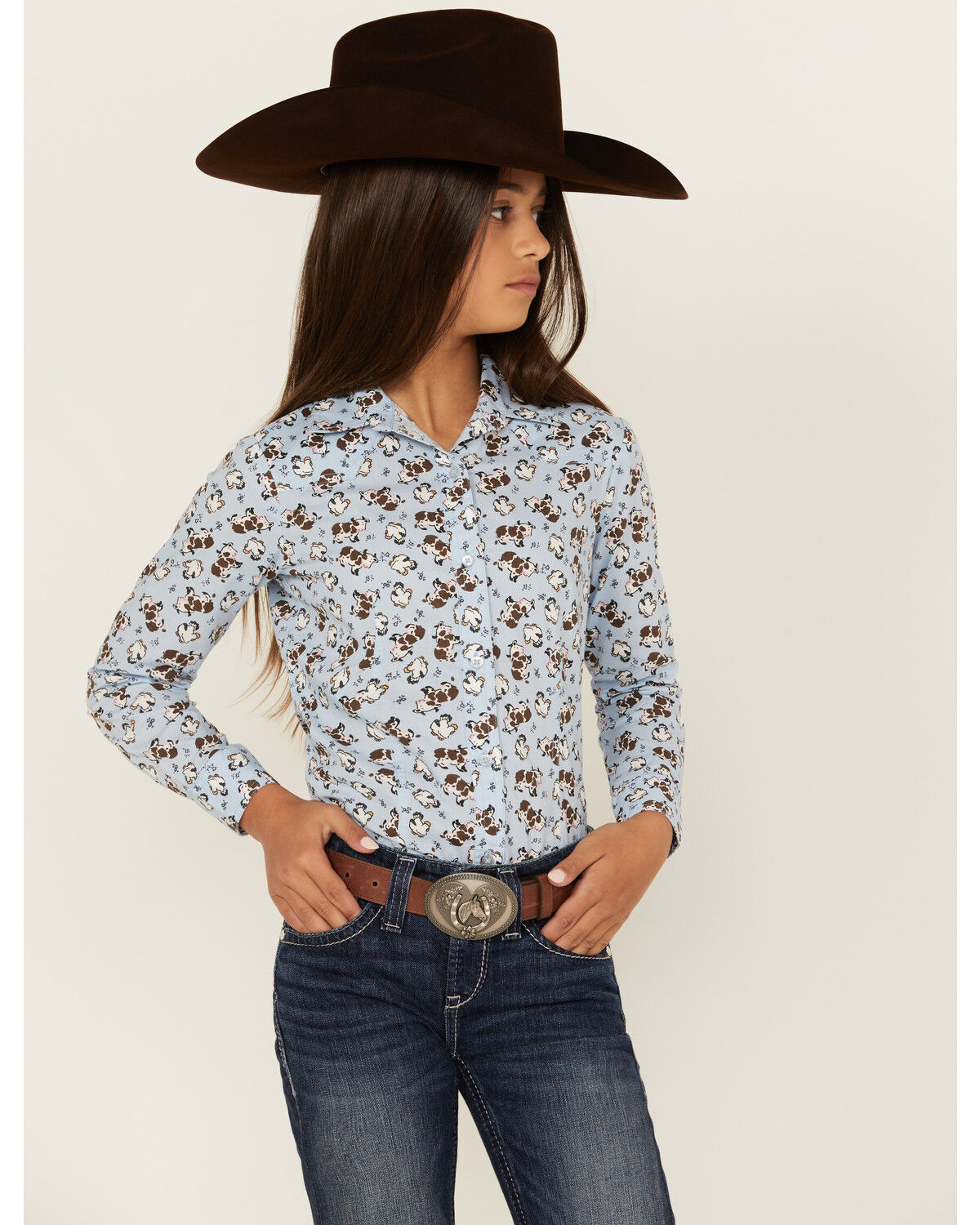 Image #1 - Cruel Girl Girls' Conversation Print Long Sleeve Button-Down Shirt, Light Blue, hi-res