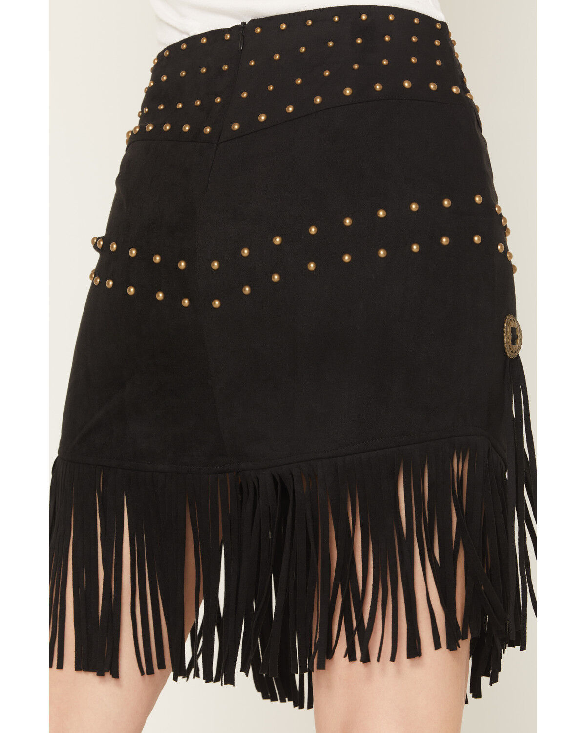 Image #4 - Fornia Women's Faux Suede Fringe Concho Mini Skirt, Black, hi-res