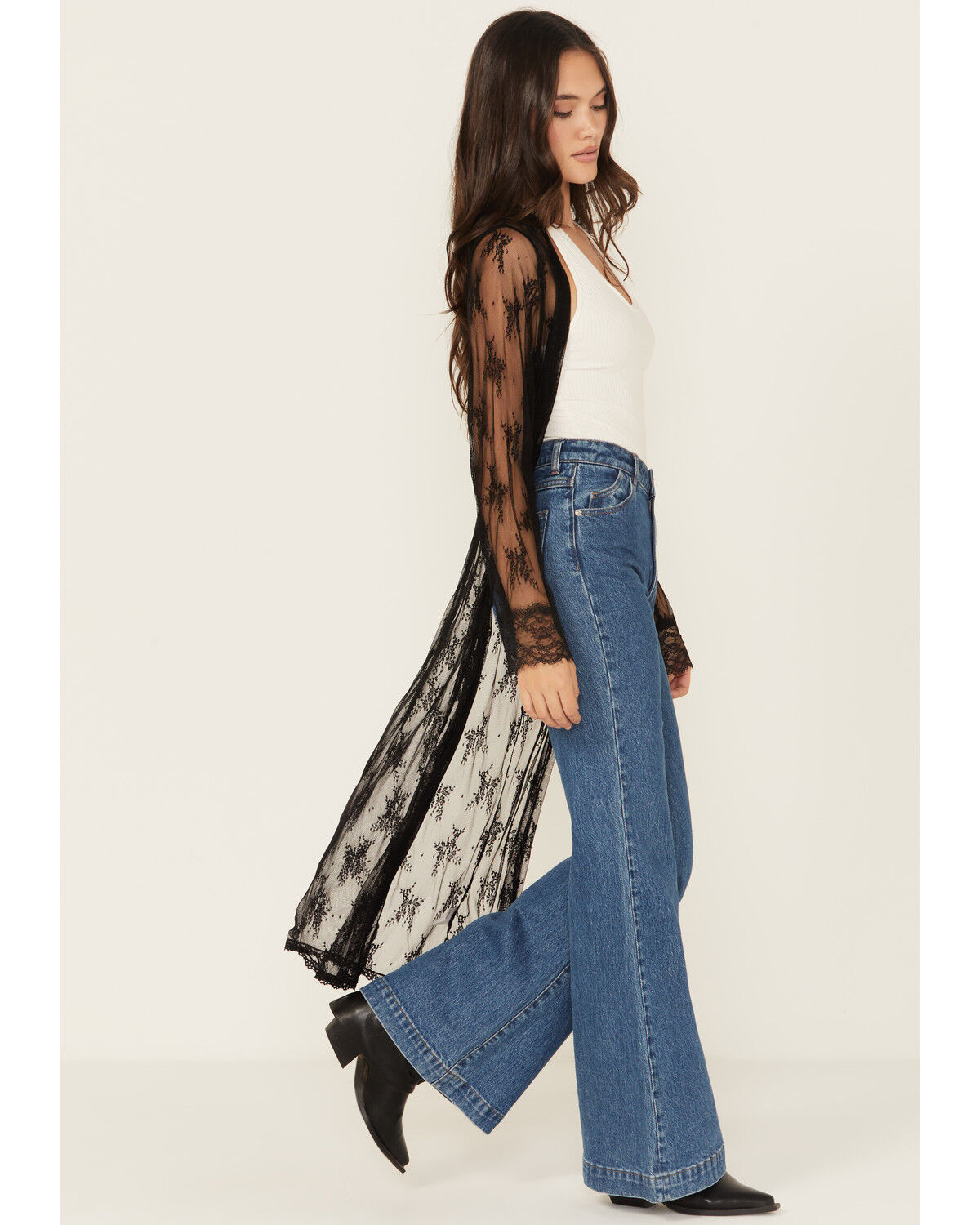 Image #2 - Beyond The Radar Women's Lace Long Sleeve Kimono, Black, hi-res
