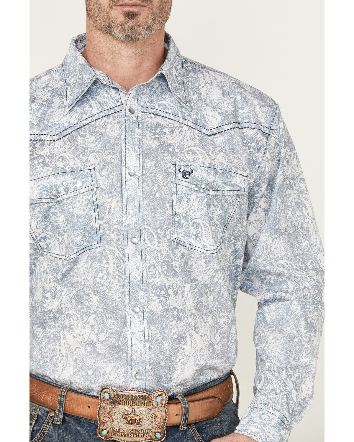 Image #3 - Cowboy Hardware Men's Paisley Print Long Sleeve Snap Stretch Western Shirt, Blue, hi-res