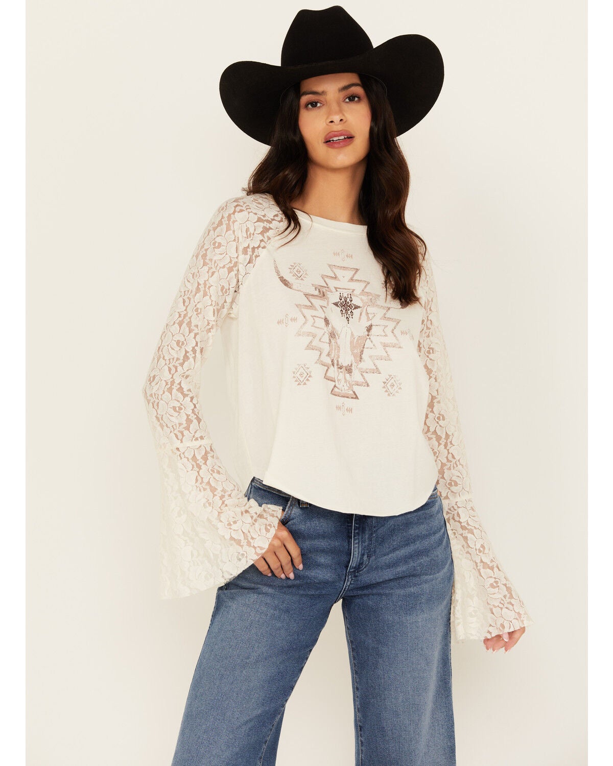 Shyanne Women's Steer Lace Long Sleeve Graphic Tee, Off White, hi-res