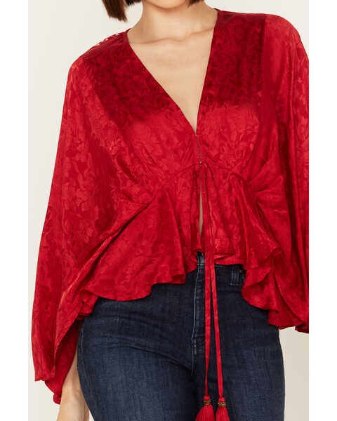Image #3 - Band of the Free Women's Nahara Long Sleeve Self Tie Top , Red, hi-res