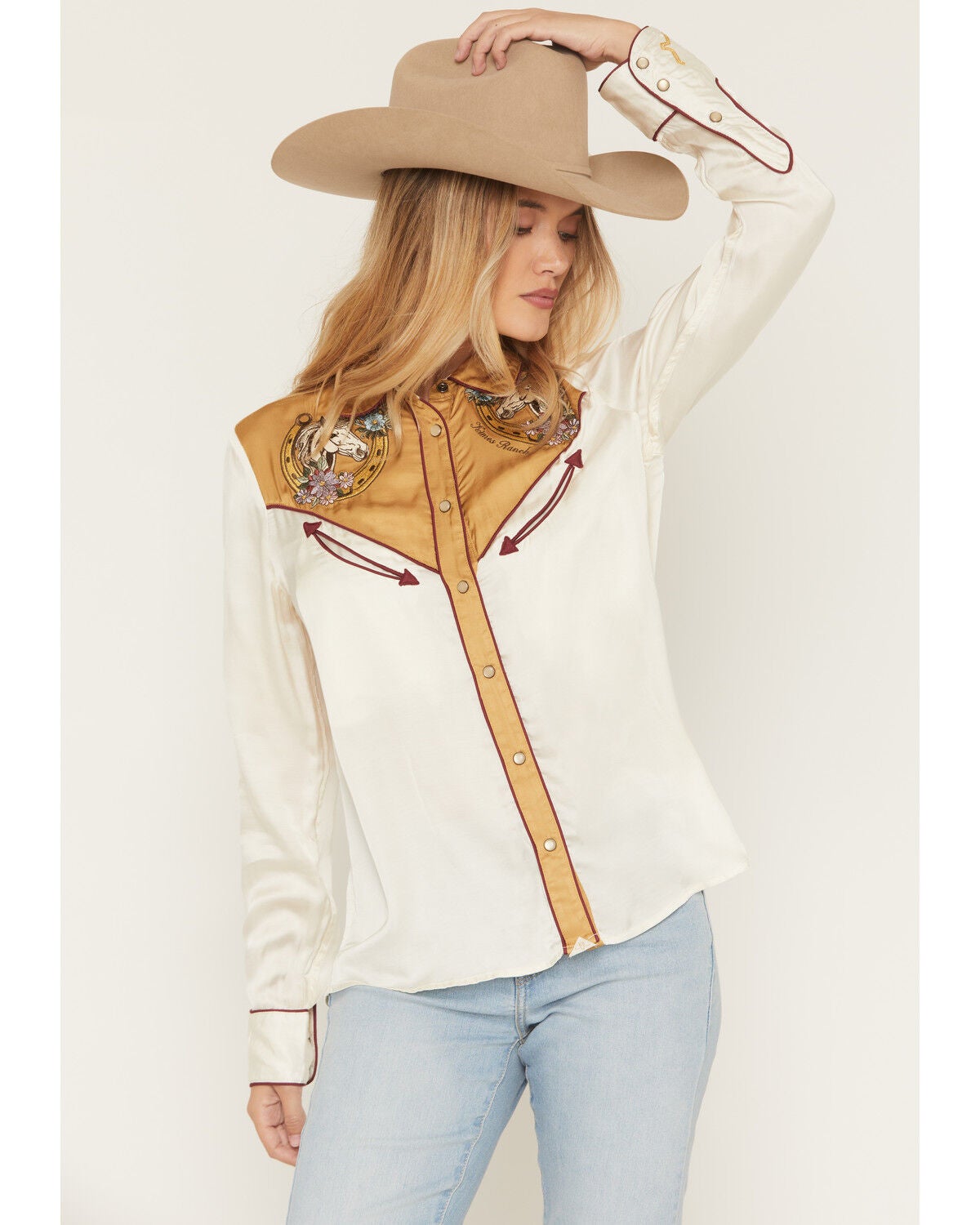 Image #1 - Kimes Ranch Women's Merada Western Embroidered Long Sleeve Snap Western Shirt, Gold, hi-res