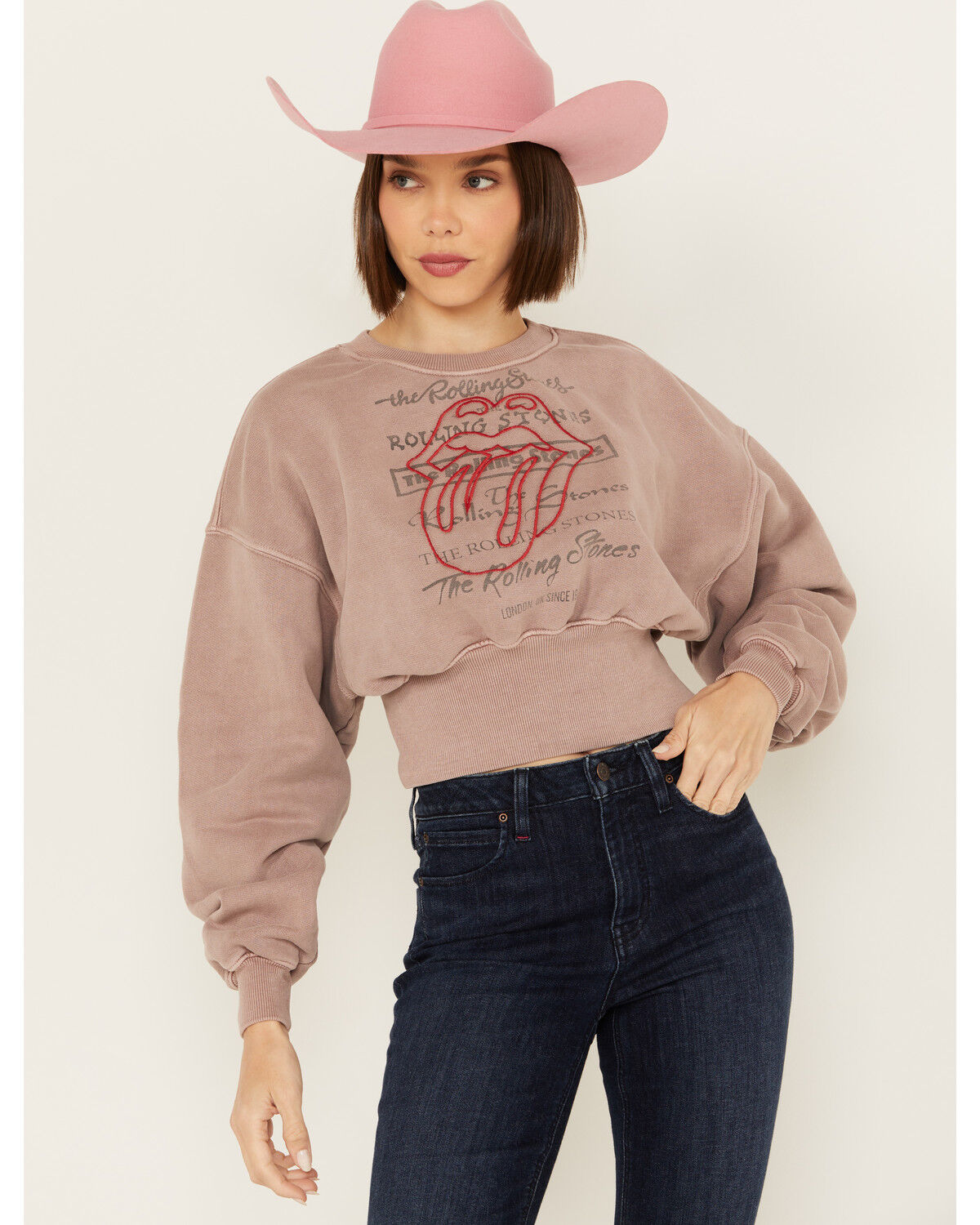 Image #1 - People Of Leisure Rolling Stones Embroidered Cropped Crewneck, , hi-res