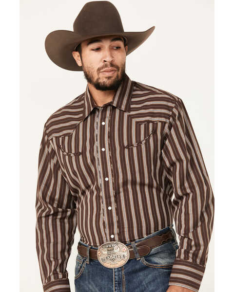 Image #2 - Roper Men's Striped Print Long Sleeve Pearl Snap Western Shirt, Brown, hi-res