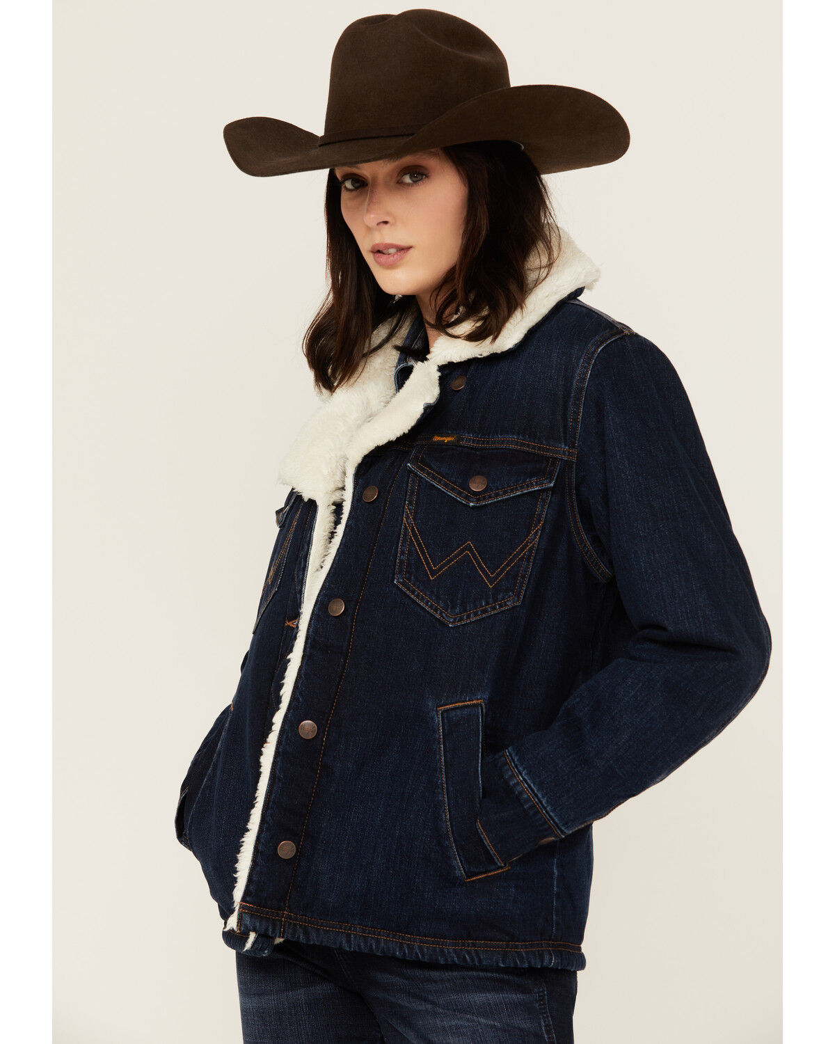 Image #2 - Wrangler Women's Dark Wash Sherpa Lined Denim Jacket, Blue, hi-res