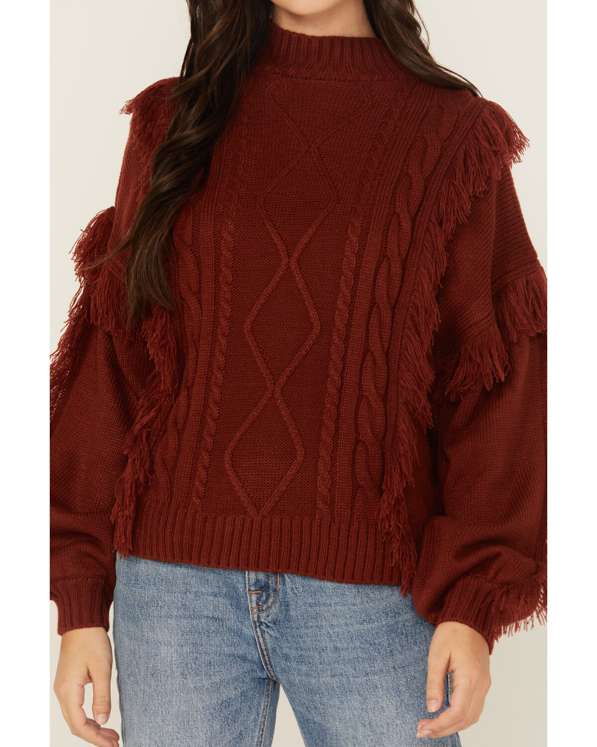 Image #3 - Rock & Roll Denim Women's Fringe Cable Knit Sweater, Rust Copper, hi-res