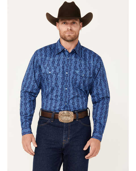 Cowboy Hardware Men's Tonal Southwestern Print Long Sleeve Pearl Snap Western Shirt, Blue, hi-res