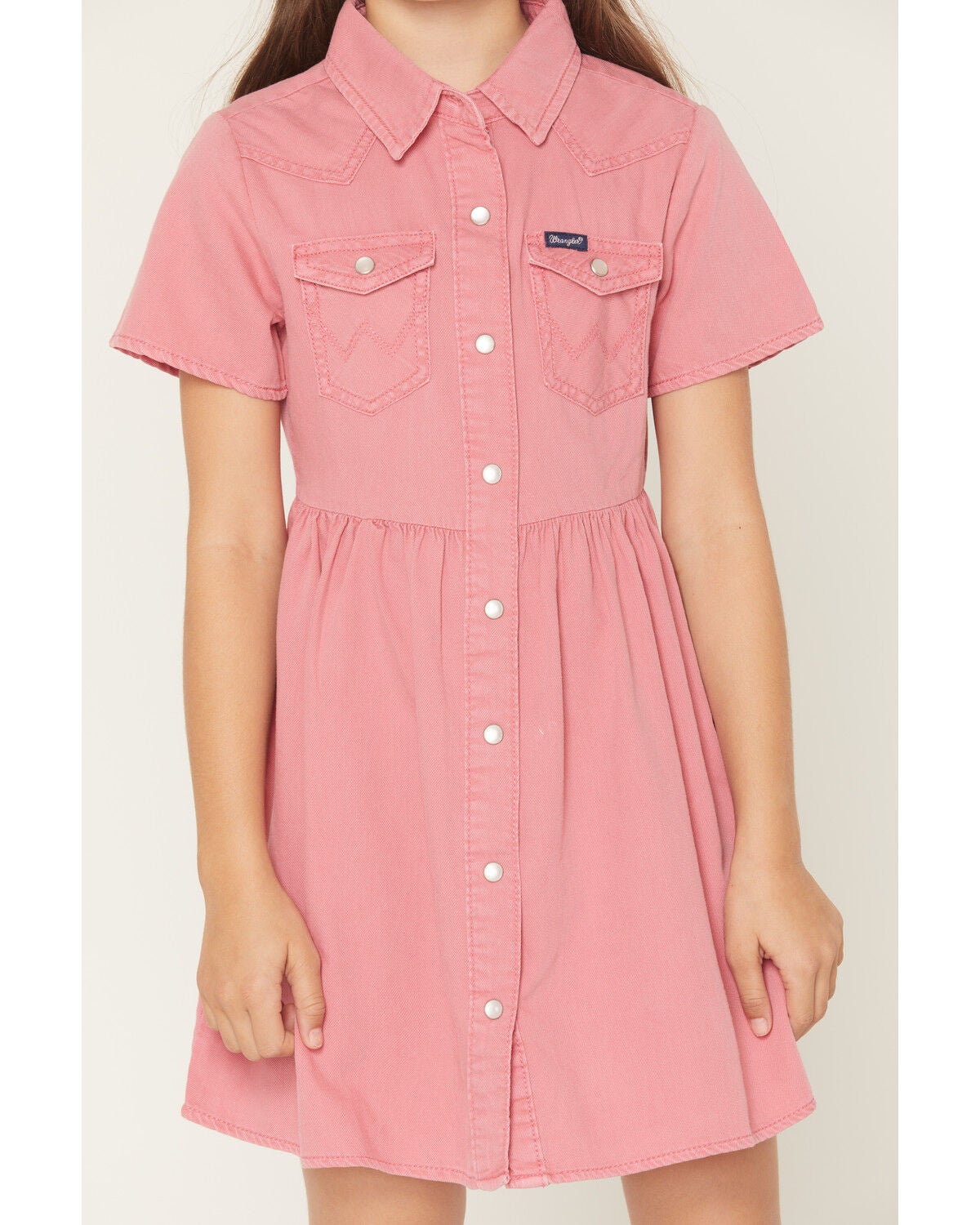 Image #3 - Wrangler Girls' Solid Shirt Sleeve Snap Denim Dress, Pink, hi-res