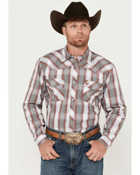 Image #1 - Cowboy Hardware Men's Hombre Plaid Print Long Sleeve Pearl Snap Western Shirt, Grey, hi-res