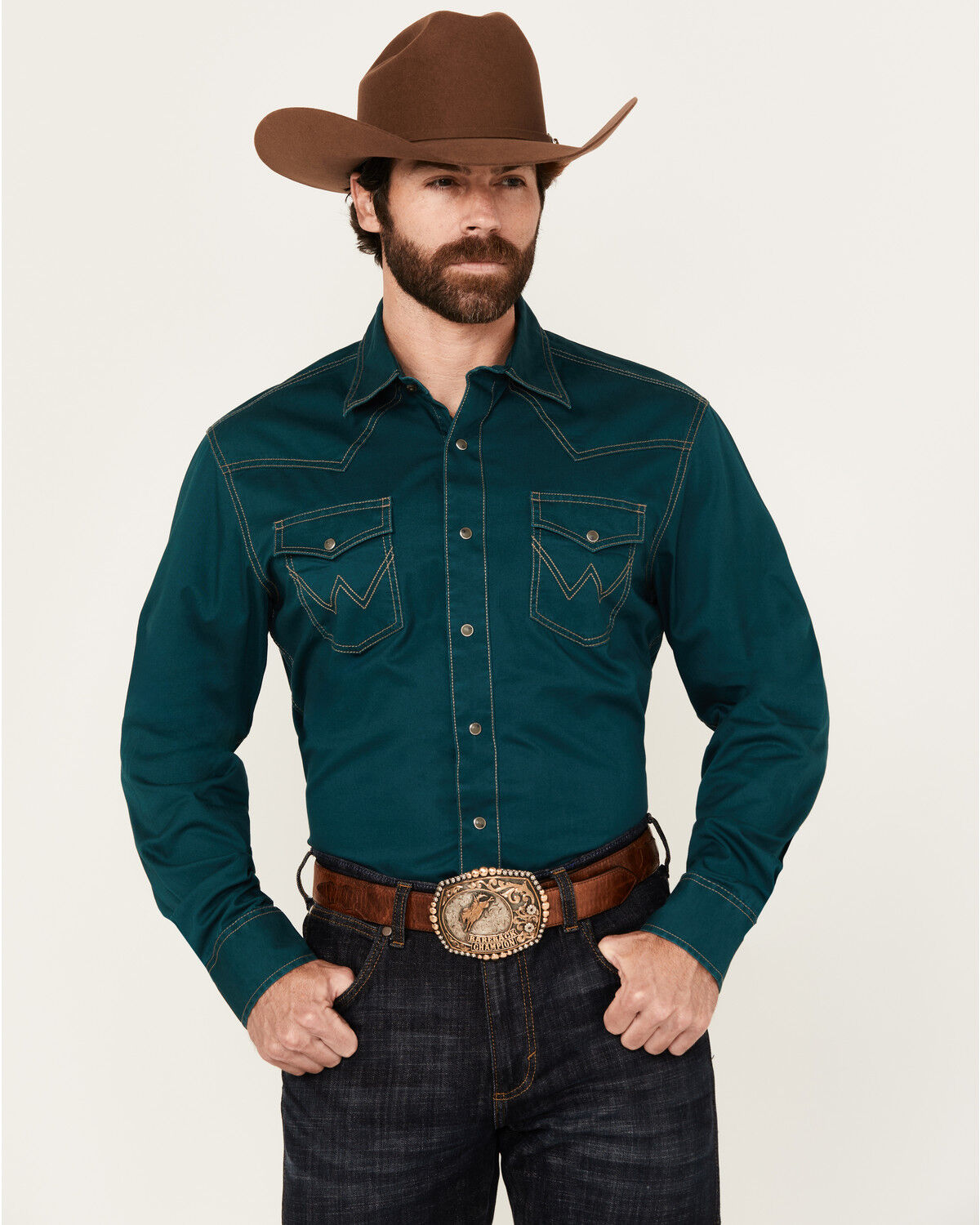 Image #1 - Wrangler Retro Men's Solid Long Sleeve Snap Western Shirt, Teal, hi-res