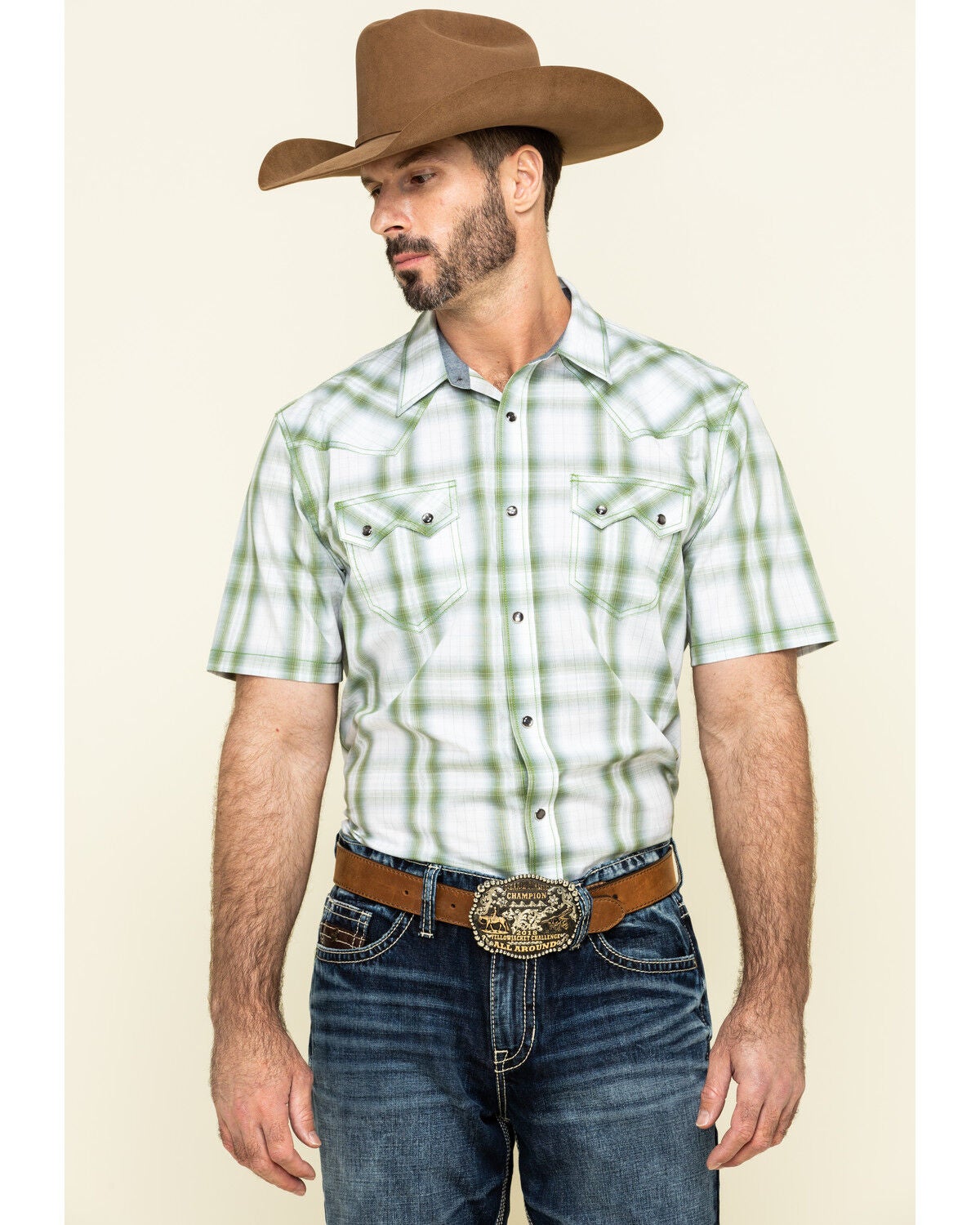 Cody James Men's Woodlands Large Plaid Short Sleeve Western Shirt, White, hi-res