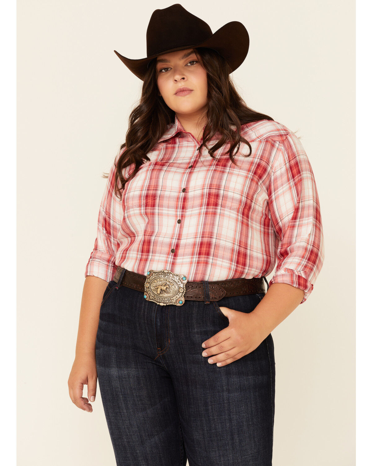 Image #1 - Ariat Women's Billie Jean Plaid Long Sleeve Western Core Shirt - Plus, Red, hi-res