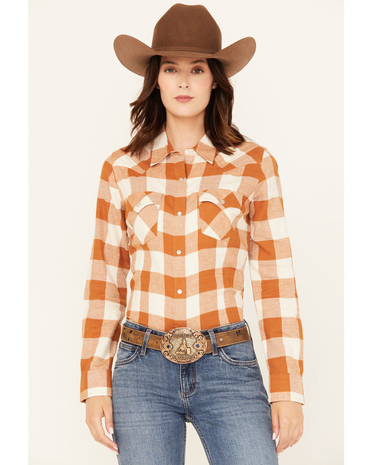 Image #1 - Wrangler Retro Women's Boot Barn Exclusive Plaid Print Long Sleeve Pearl Snap Flannel Shirt, Rust Copper, hi-res