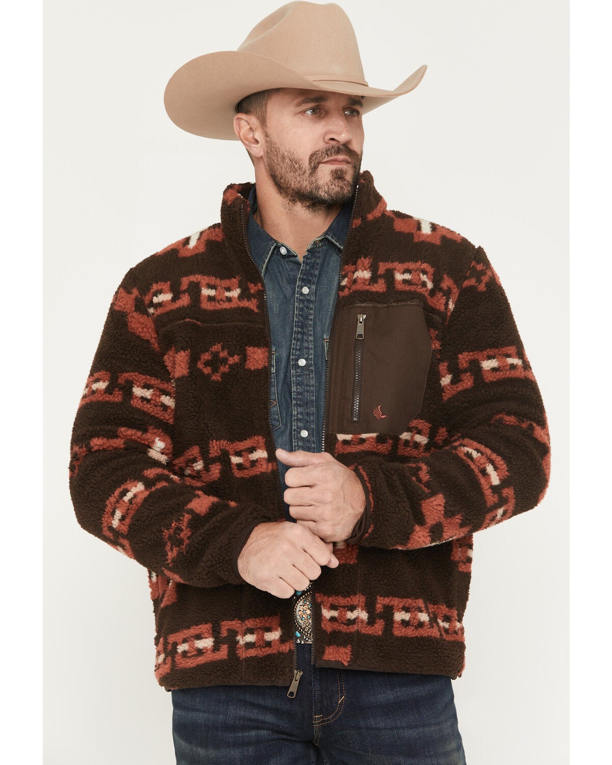 Image #1 - Cody James Men's Izard Southwestern Print Sherpa Zip Jacket, Brown, hi-res
