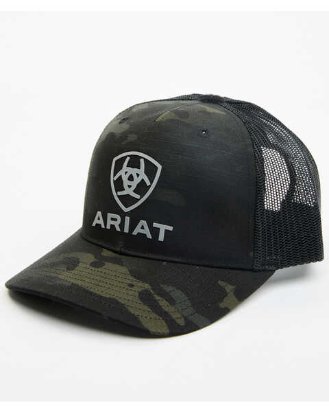 Image #1 - Ariat Men's Rubber Logo Patch Trucker Cap , Camouflage, hi-res