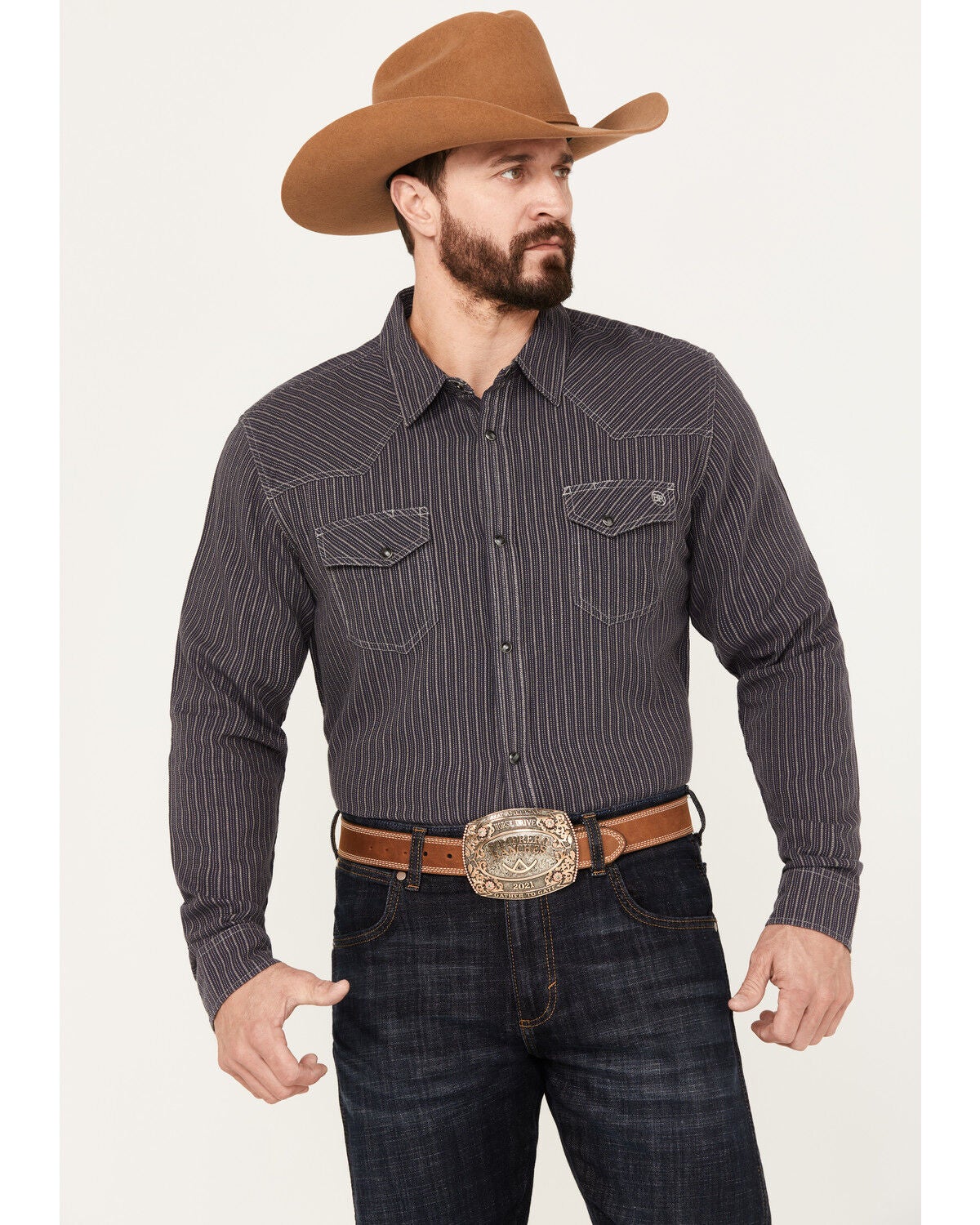 Blue Ranchwear Men's Laramie Striped Long Sleeve Western Snap Shirt, Dark Blue, hi-res
