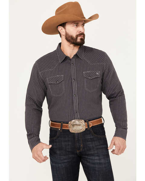 Blue Ranchwear Men's Laramie Striped Long Sleeve Western Snap Shirt, Dark Blue, hi-res