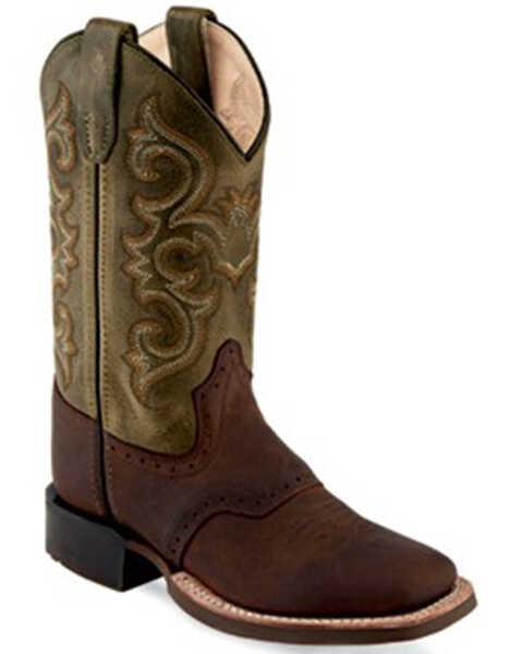 Old West Boys' Embroidered Western Boots - Broad Square Toe, Green, hi-res