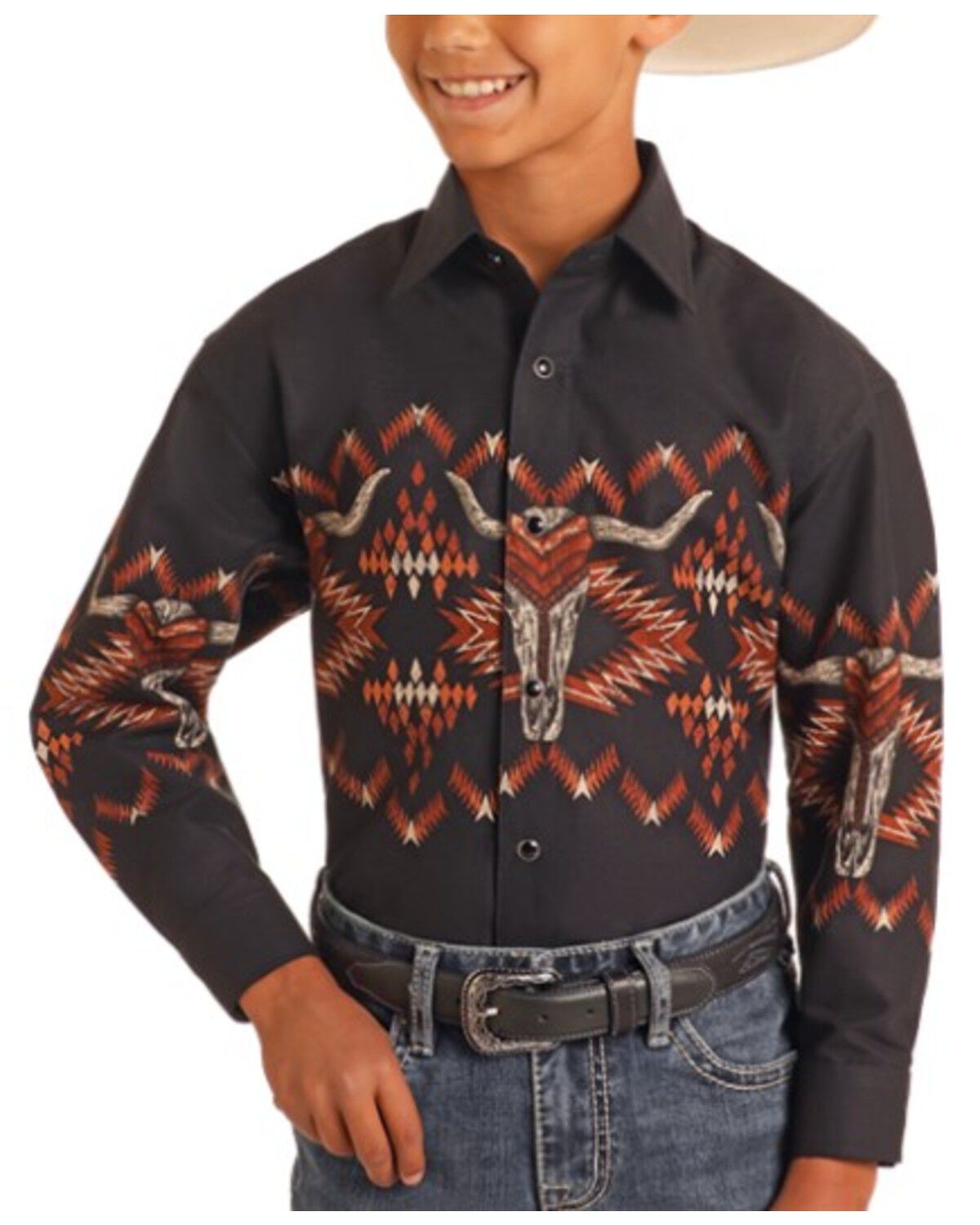 Panhandle Boys' Long Horn Border Print Long Sleeve Snap Western Shirt, Black, hi-res