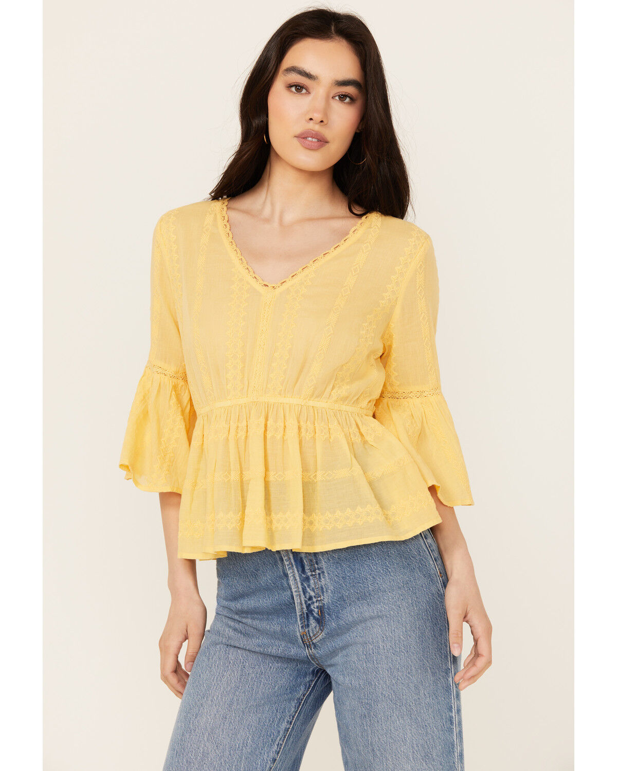 Image #1 - Shyanne Women's Inset Lace Embroidered Peasant Top, Yellow, hi-res