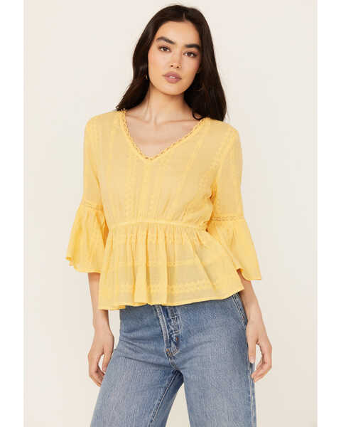 Image #1 - Shyanne Women's Inset Lace Embroidered Peasant Top , Yellow, hi-res