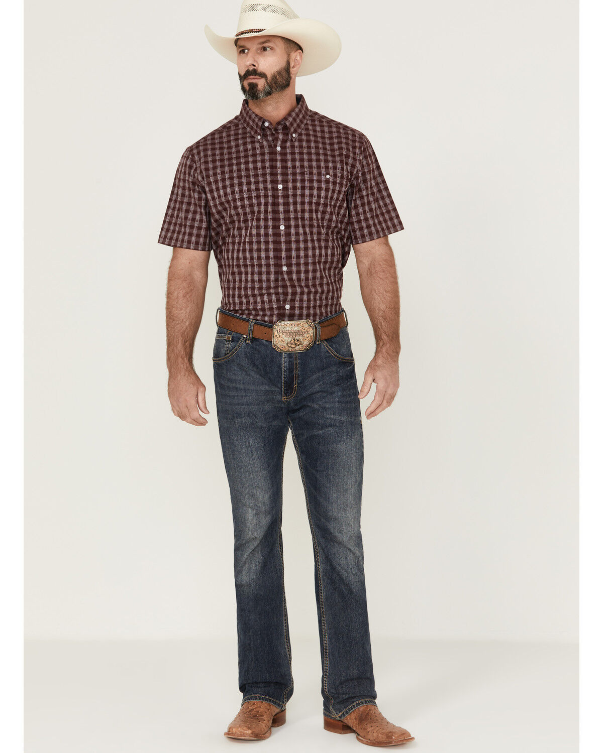 Image #2 - RANK 45® Men's Pick Up Small Plaid Print Short Sleeve Button-Down Western Shirt, Blue, hi-res
