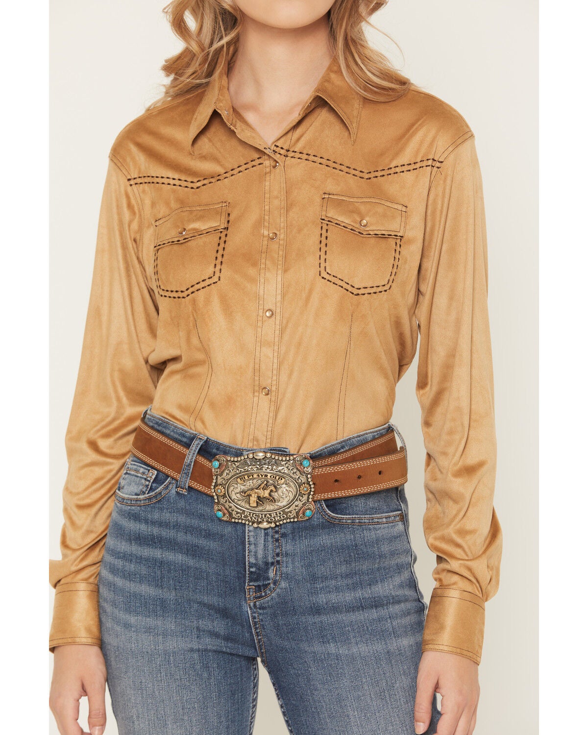 Image #3 - Cowgirl Hardware Women's Faux Suede Long Sleeve Snap Stretch Western Shirt, Tan, hi-res