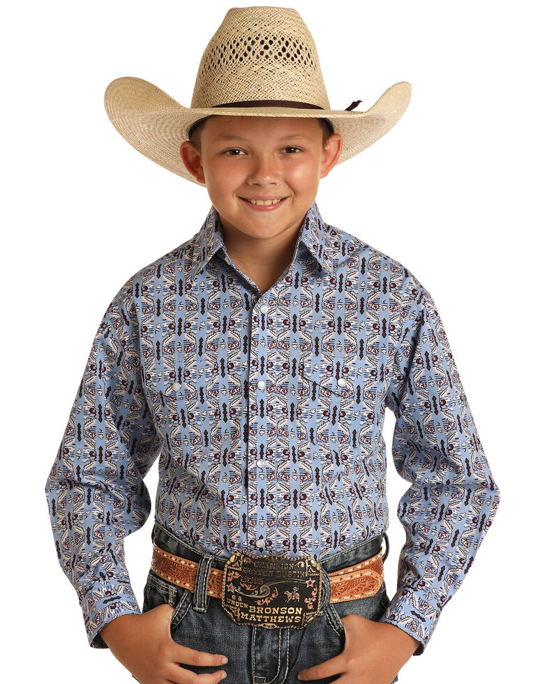 Panhandle Boys' Wallpaper Print Long Sleeve Snap Western Shirt , Blue, hi-res