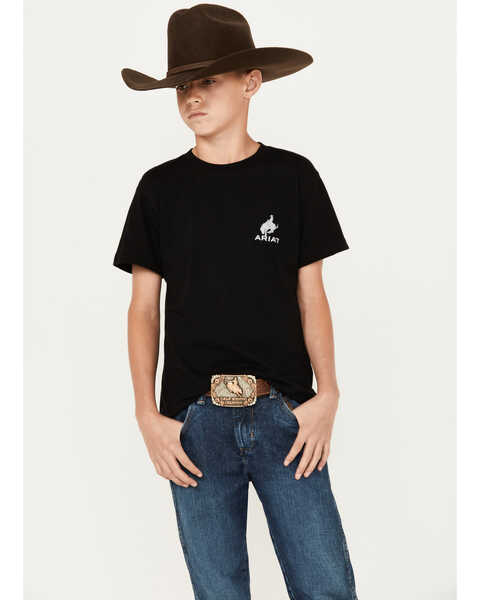Image #1 - Ariat Boys' Bronco Flag Short Sleeve Graphic T-Shirt , Black, hi-res