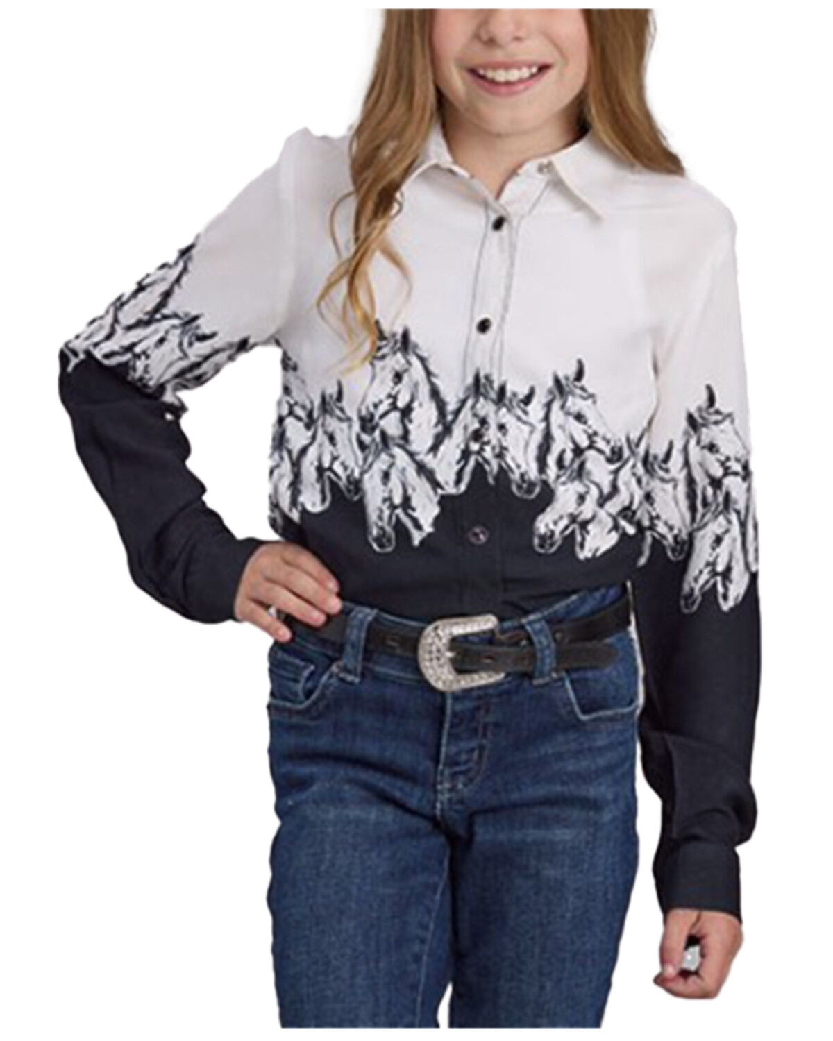 Image #1 - Roper Girls' Horse Border Long Sleeve Snap Western Shirt, White, hi-res