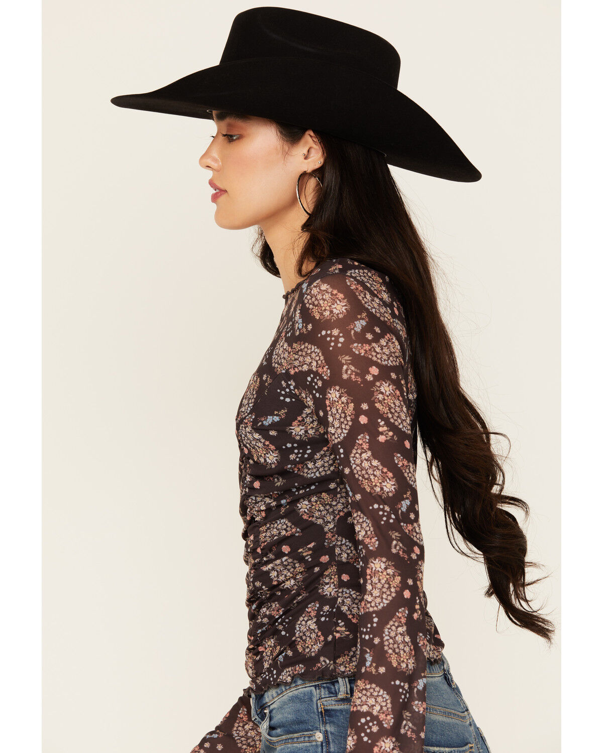 Image #2 - Ash & Violet Women's Paisley Print Mesh Seamed Long Sleeve Top, Black, hi-res