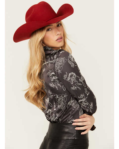 Image #2 - Rodeo Quincy Women's Horse Print Long Sleeve Pearl Snap Western Shirt , Black/white, hi-res