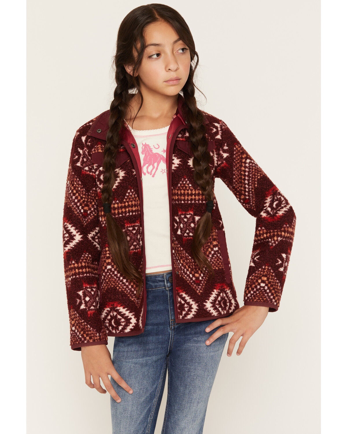 Panhandle Slim Girls' Southwestern Print Berber Jacket, Burgundy, hi-res