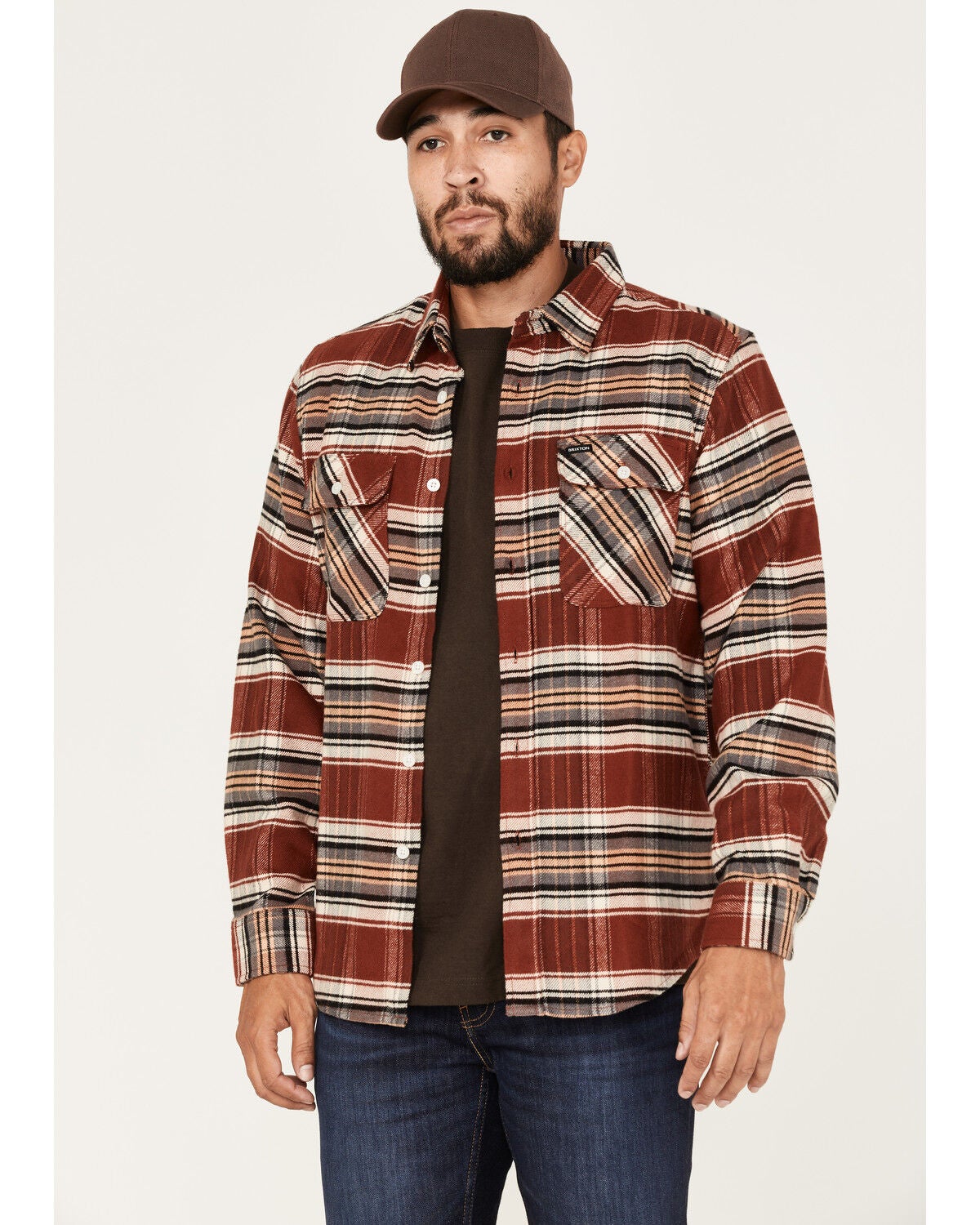 Brixton Men's Bowery Stretch Plaid Print Long Sleeve Utility Flannel Shirt, Burgundy, hi-res