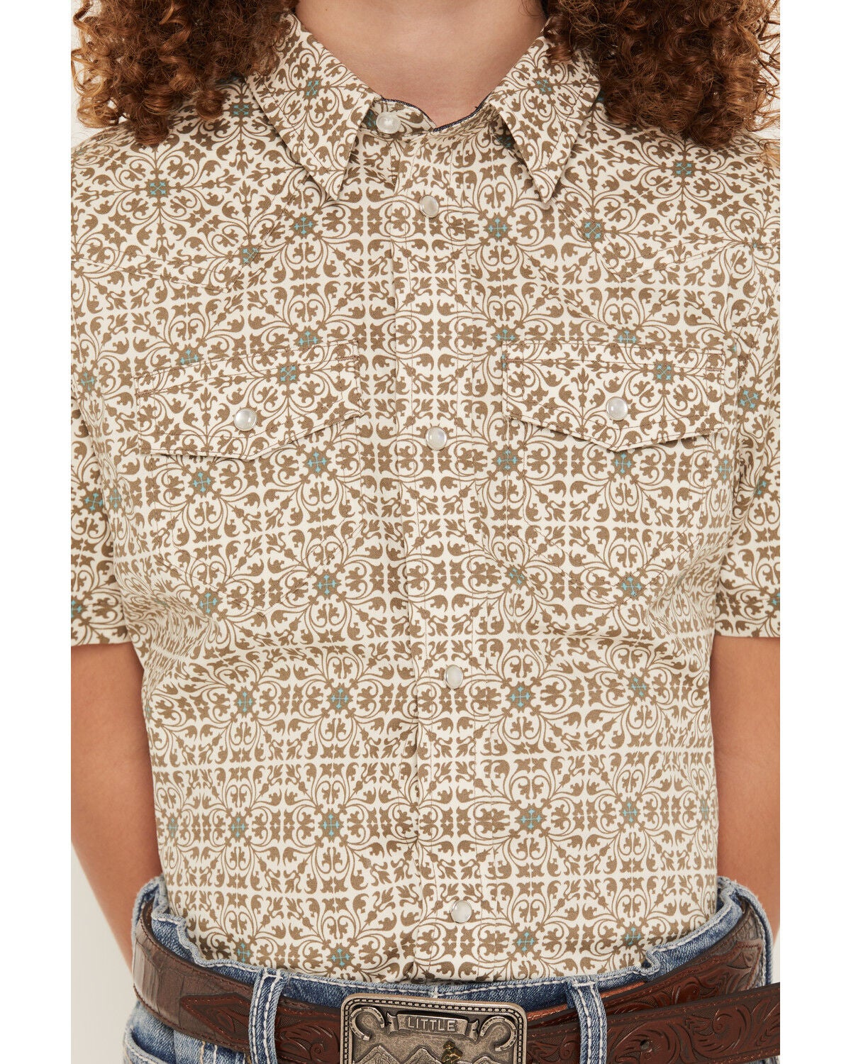 Image #3 - Cody James Boys' Mind Trap Geo Print Short Sleeve Pearl Snap Stretch Western Shirt, Gold, hi-res