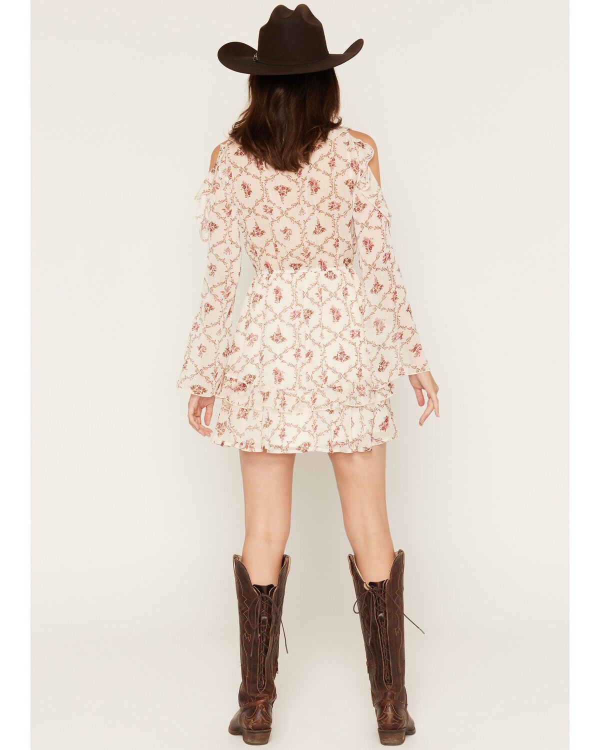 Image #4 - Ash & Violet Women's Floral Print Cold Shoulder Long Sleeve Mini Dress, Cream, hi-res